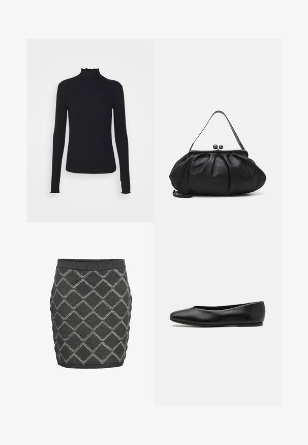 Schwarz, langärmliges Turtleneck-Oberteil aus glattem Material, mit einem gerafften Kragen und einer enganliegenden Silhouette mit einfachen Kanten.; Grau gestrickter Rock mit einem Diamantmuster, strukturiertem Finish, geripptem Bund und taillierter Silhouette.; Paul Smith TOPANGA - Klassischer Ballerina - black; Schwarze Lederhandtasche mit einer runden, gefalteten Form. Verfügt über einen metallischen Verschluss mit zwei dekorativen Kugeln und einem schmalen, abnehmbaren Tragegurt.