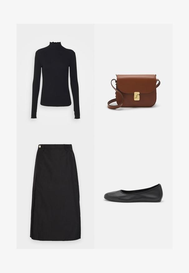 Fekete, hosszú ujjú, garbós felső sima anyagból, fodros gallérral és illeszkedő sziluettel, egyszerű élekkel.; Fekete, térd fölé érő szoknya sima anyagból, elől hasítékkal és fém gombos díszítéssel a derékrészen.; Fekete bőr balettcipő lekerekített orral, sima tekstúrával, minimális varrással és rugalmas talp kialakítással.; Barna bőr kézitáska, hajtókás zárással, arany színű fém kiegészítőkkel, vállpánttal és sima felülettel. Kompakt téglalap alakú.