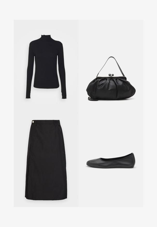Maglione nero a maniche lunghe con colletto a dolcevita realizzato in tessuto morbido, caratterizzato da un collo arricciato e una silhouette aderente con bordi semplici.; Gonna nera al ginocchio realizzata in tessuto morbido, con uno spacco frontale e un dettaglio in bottone metallico in vita.; Pantofole da balletto nere in pelle con punta arrotondata, texture liscia, dettagli di cucitura minimi e design con suola flessibile.; Borsa a mano in pelle nera con un design arrotondato e plissettato. Presenta una chiusura metallica con due palline decorative e una tracolla sottile e removibile.