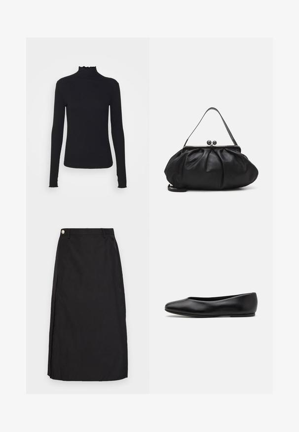 Musta pitkähihainen poolotoppi, joka on valmistettu sileästä kankaasta, jossa on röyhelökaulus ja tiukka siluetti yksinkertaisilla reunoilla.; Musta polvipitkä hame, joka on valmistettu sileästä kankaasta ja jossa on edessä halkio sekä metallinen nappi vyötärön kohdalla.; Paul Smith TOPANGA - Ballerinat - black; Musta nahkalaukku, jossa on pyöreä, poimutettu muotoilu. Varustettu metallisella lukolla, jossa on kaksi koristepalloa ja ohut, irrotettava olkahihna.