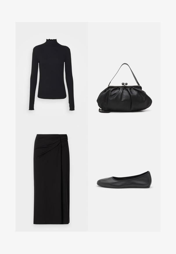 Black long-sleeve turtleneck top made of smooth fabric, featuring a ruffled neck and fitted silhouette with simple edges.; Black fitted midi skirt made of smooth fabric. Features a gathered front design and a draped, asymmetrical hem. No visible hardware or patterns.; Black leather ballet flat with a rounded toe, smooth texture, minimal stitching detail, and a flexible sole design.; Black leather handbag with a rounded, pleated design. Features a metallic clasp with two decorative balls and a slim, detachable strap.