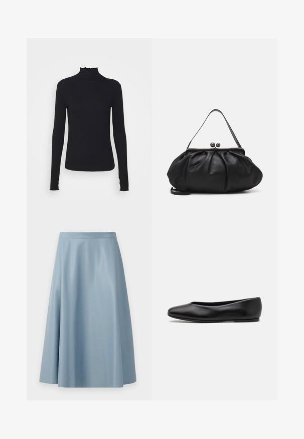 Haut à manches longues noir en col roulé, fabriqué en tissu lisse, présentant un col volanté et une silhouette ajustée avec des bords simples.; Une jupe évasée bleu clair en tissu lisse, présentant un design minimaliste avec une taille épurée et sans fermetures visibles.; Paul Smith TOPANGA - Ballerines - black; Sac à main en cuir noir avec un design arrondi et plissé. Il possède un fermoir métallique avec deux boules décoratives et une bandoulière fine et amovible.