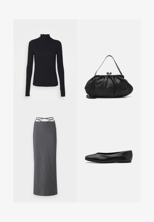 Černý dlouhý rukáv rolák vyrobený z hladkého materiálu, s volánkovým límcem a přiléhavým střihem s jednoduchými okraji.; Šedá midi sukně vyrobená z měkké, elastické tkaniny. Má rovný střih a křížové popruhy v pase pro bezpečné uchycení.; Paul Smith TOPANGA - Klasické baleríny - black; Černá kožená kabelka s zaobleným, skládáním designem. Obsahuje kovový zavírač se dvěma dekorativními koulemi a tenkým, odnímatelným popruhem.