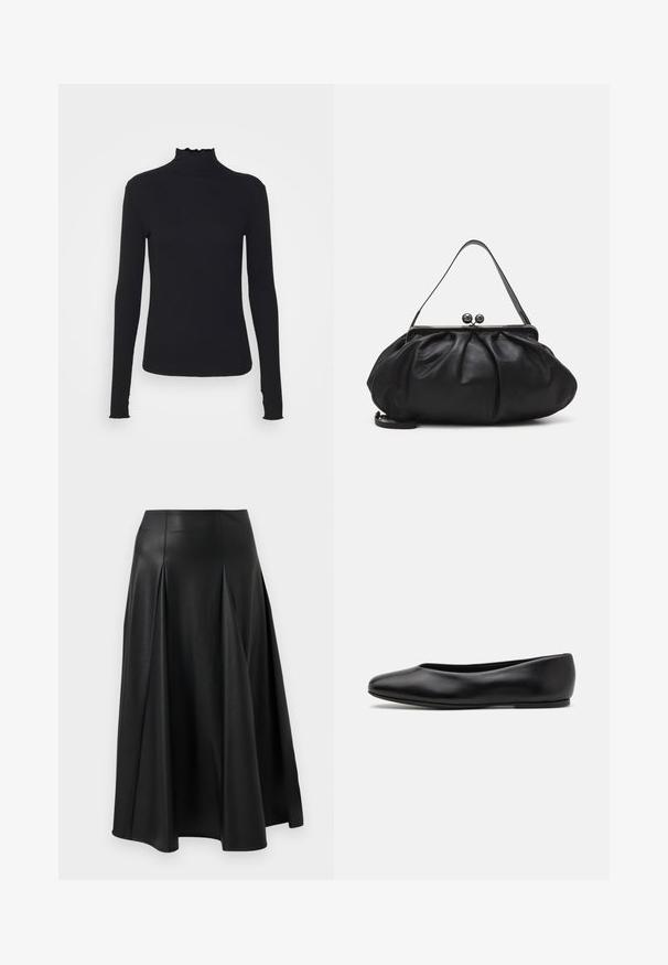 Czarny, długi rękaw, golf z gładkiego materiału, z falbaniastym kołnierzem i dopasowanym krojem z prostymi brzegami.; Czarna skórzana spódnica z plisami, gładką teksturą, o średniej długości i dopasowanej talii. Minimalistyczny styl bez widocznych elementów metalowych.; Paul Smith TOPANGA czarny; Czarna skórzana torebka o zaokrąglonym, plisowanym wzorze. Posiada metalowy zamek z dwoma dekoracyjnymi kulkami oraz smukły, odpinany pasek.