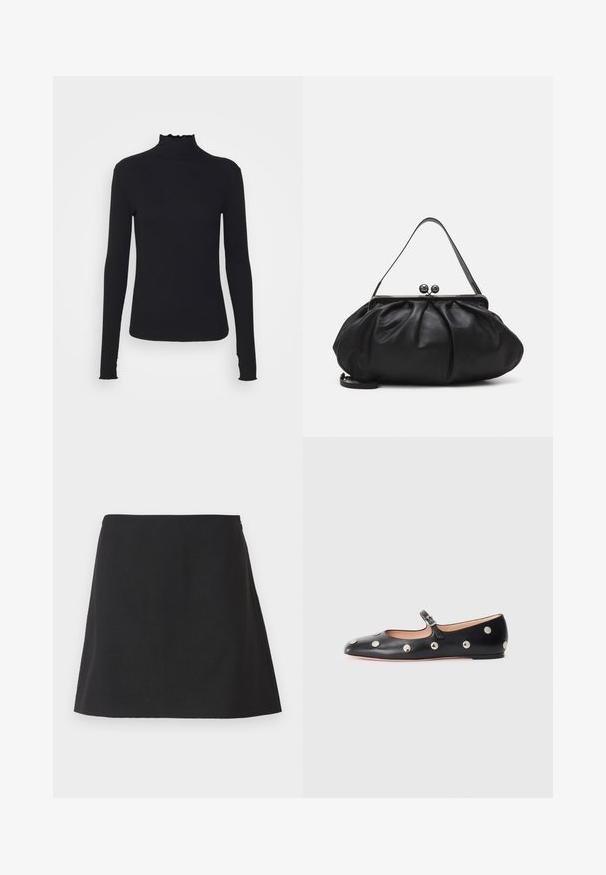 Top negro de manga larga con cuello alto, hecho de tejido suave, que presenta un cuello con volantes y una silueta ajustada con bordes simples.; Minifalda negra con silueta recta, confeccionada con tela texturizada, con cierre lateral y sin patrones ni adornos visibles.; Zapato plano tipo Mary Jane de cuero negro con punta redonda, adornado con tachuelas circulares plateadas y una correa ajustable con hebilla.; Bolso de mano de cuero negro con un diseño redondeado y plisado. Cuenta con un cierre metálico con dos bolas decorativas y una correa delgada y desmontable.