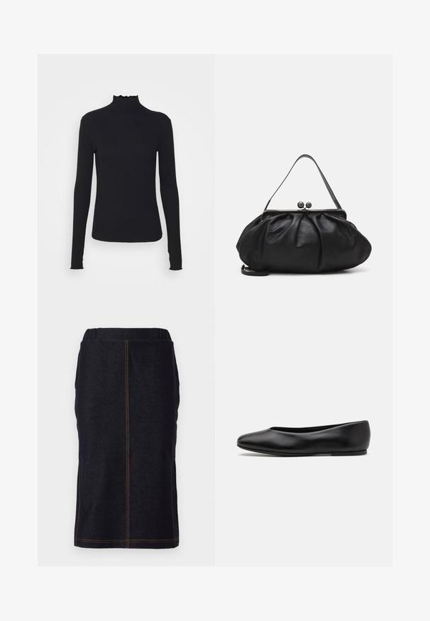 Črn dolg rokav turtleneck zgornji del iz gladkega materiala, ki se ponaša z nabranim ovratnikom in prilegajočim silhueto s preprostimi robovi.; Denim svinčnik krilo v temno modri barvi s ravnim krojem in stranskimi razporki, ki vsebuje kontrastno oranžno šivanje ob šivih. Elastičen pas za udobje.; Paul Smith TOPANGA - Balerinke - black; Črna usnjena torbica za roke z zaobljeno, naborkano zasnovo. Opremljena je z metalnim zapiralom z dvema dekorativnima kroglicama in tankim, odstranljivim trakom.