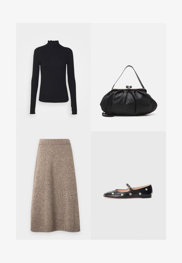 Haut à manches longues noir en col roulé, fabriqué en tissu lisse, présentant un col volanté et une silhouette ajustée avec des bords simples.; Jupe tricotée dans une teinte brune chaude avec un motif texturé, taille ajustée et silhouette évasée, featuring des accents côtelés à l'ourlet.; Chaussure plate en cuir noir type Mary Jane avec un bout arrondi, ornée de clous ronds en argent et dotée d'une sangle réglable avec une boucle.; Sac à main en cuir noir avec un design arrondi et plissé. Il possède un fermoir métallique avec deux boules décoratives et une bandoulière fine et amovible.
