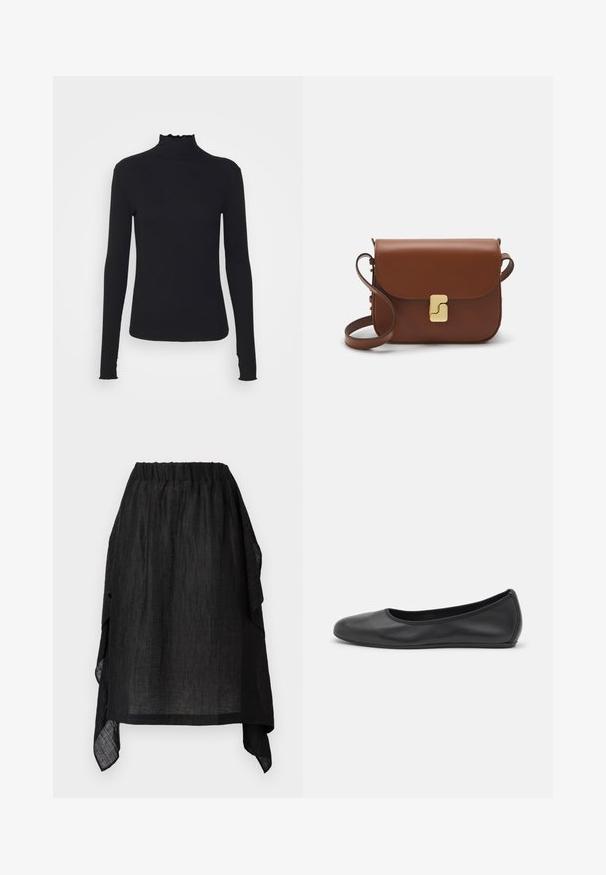 Fekete, hosszú ujjú, garbós felső sima anyagból, fodros gallérral és illeszkedő sziluettel, egyszerű élekkel.; Henrik Vibskov UNCUT SKIRT - A-vonalú szoknya - black; Fekete bőr balettcipő lekerekített orral, sima tekstúrával, minimális varrással és rugalmas talp kialakítással.; Barna bőr kézitáska, hajtókás zárással, arany színű fém kiegészítőkkel, vállpánttal és sima felülettel. Kompakt téglalap alakú.