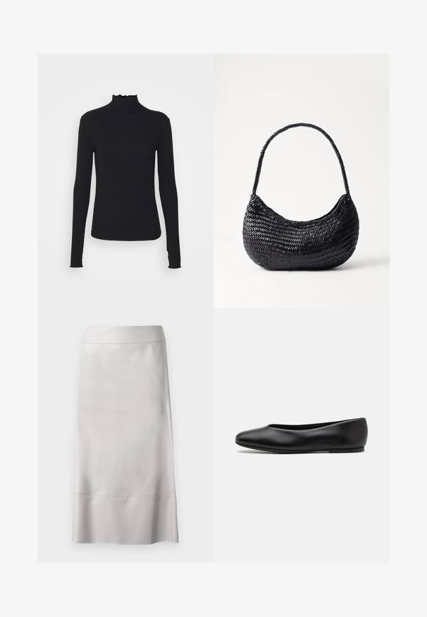 Černý dlouhý rukáv rolák vyrobený z hladkého materiálu, s volánkovým límcem a přiléhavým střihem s jednoduchými okraji.; Světlá šedá tužková sukně z hladké látky, s úzkým střihem, čistými liniemi a délkou po kolena s jemným detailem švu.; Paul Smith TOPANGA - Klasické baleríny - black; DRAGON DIFFUSION NOVA LUNA - Kabelka - black