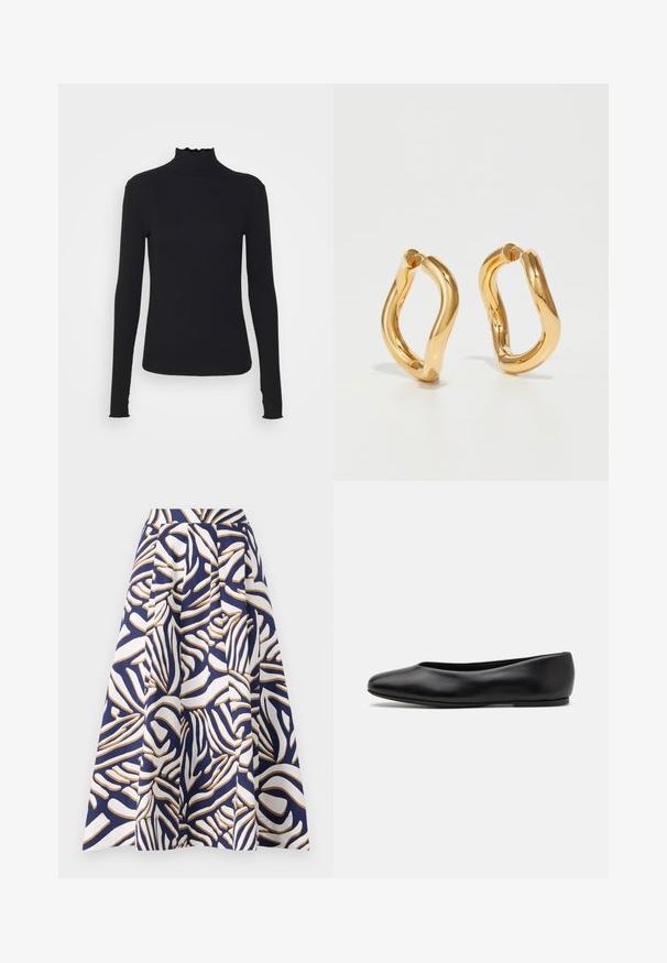 Black long-sleeve turtleneck top made of smooth fabric, featuring a ruffled neck and fitted silhouette with simple edges.; A knee-length skirt made of cotton featuring a navy background with bold white and gold abstract patterns; pleated design adds volume.; Paul Smith TOPANGA - Ballet pumps - black; Gold-colored hoop earrings with a curved, irregular shape and a smooth, polished texture. No visible hardware or accents.