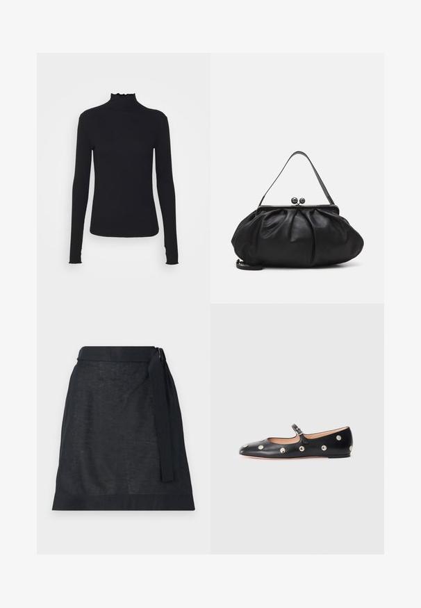 Sort langærmet turtleneck top lavet af glat stof, med en rynket krave og tætsiddende silhuet med enkle kanter.; Mørk linned wrap-nederdel med lige snit, der har et taljebånd og en subtil tekstur. Ingen synlige mønstre eller hardware-detaljer.; Sorte læder Mary Jane flad sko med en rund tå, udstyret med sølvfarvede runde nitter og en justerbar rem med spænde.; Sort læderpung med et rundt, plisseret design. Har en metalspænde med to dekorative kugler og et slankt, aftageligt rem.