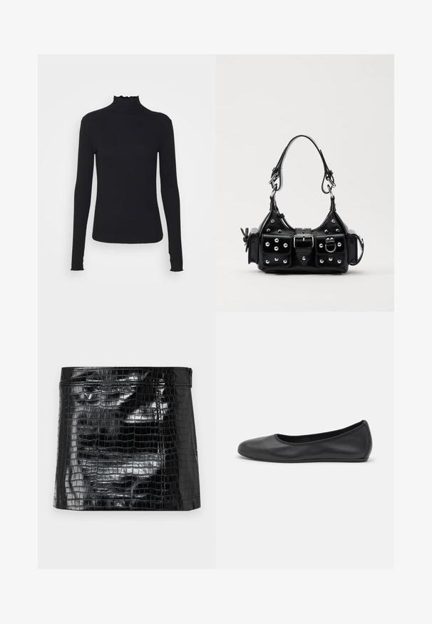 Zwarte langärmelige turtleneck top van soepel stof, met een gerimpelde hals en een aansluitende silhouet met eenvoudige randen.; Zwarte, glanzende vinyl clutch met een krokodillenleren patroon, een gladde textuur en een ritssluiting aan de bovenkant. Compact rechthoekig formaat.; Zwarte leren ballerina met een ronde neus, gladde textuur, minimale stikdetails en een flexibele zoolontwerp.; Zwarte lederen handtas met een gebogen ontwerp, voorzien van zilveren studs, een gesp en twee zijvakken. Verstelbare schouderband voor verschillende draagmogelijkheden.