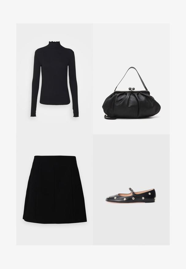 Top negro de manga larga con cuello alto, hecho de tejido suave, que presenta un cuello con volantes y una silueta ajustada con bordes simples.; Minifalda negra con una silueta estructurada, con costuras frontales y bolsillos laterales, elaborada con una tela suave y ligera.; Zapato plano tipo Mary Jane de cuero negro con punta redonda, adornado con tachuelas circulares plateadas y una correa ajustable con hebilla.; Bolso de mano de cuero negro con un diseño redondeado y plisado. Cuenta con un cierre metálico con dos bolas decorativas y una correa delgada y desmontable.