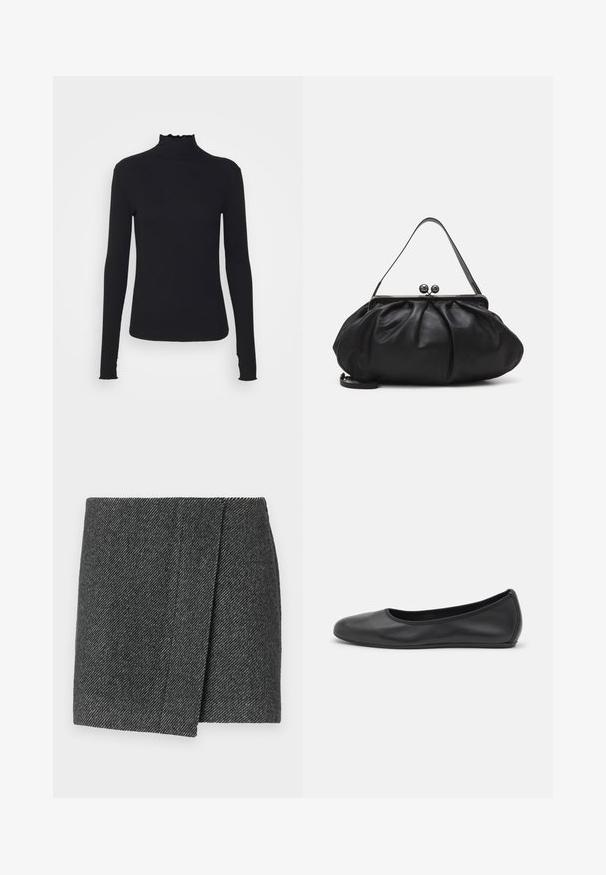 Black long-sleeve turtleneck top made of smooth fabric, featuring a ruffled neck and fitted silhouette with simple edges.; Gray herringbone-patterned skirt with a wrap design, featuring a textured fabric and a clean, straight hem.; Black leather ballet flat with a rounded toe, smooth texture, minimal stitching detail, and a flexible sole design.; Black leather handbag with a rounded, pleated design. Features a metallic clasp with two decorative balls and a slim, detachable strap.