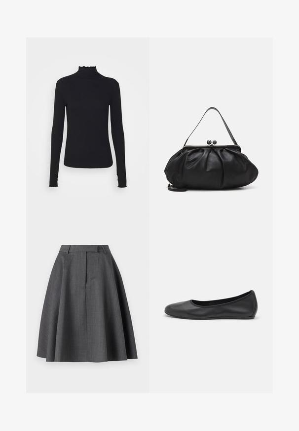 Black long-sleeve turtleneck top made of smooth fabric, featuring a ruffled neck and fitted silhouette with simple edges.; Gray pleated skirt with a high waist, made of textured fabric, flaring out from the waist, featuring a classic design and clean lines.; Black leather ballet flat with a rounded toe, smooth texture, minimal stitching detail, and a flexible sole design.; Black leather handbag with a rounded, pleated design. Features a metallic clasp with two decorative balls and a slim, detachable strap.