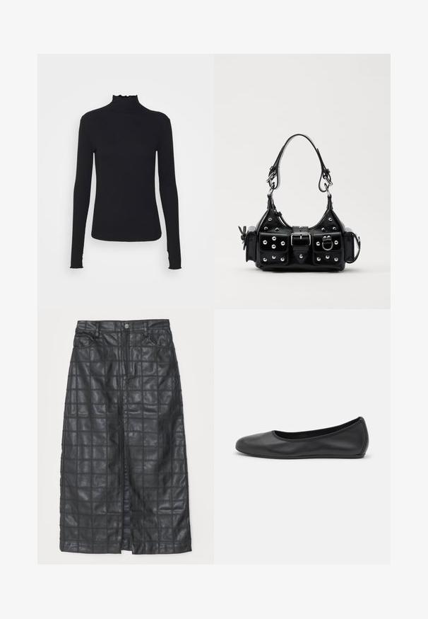 Zwarte langärmelige turtleneck top van soepel stof, met een gerimpelde hals en een aansluitende silhouet met eenvoudige randen.; Baum und Pferdgarten SASCHA - A-lijn rok - black; Zwarte leren ballerina met een ronde neus, gladde textuur, minimale stikdetails en een flexibele zoolontwerp.; Zwarte lederen handtas met een gebogen ontwerp, voorzien van zilveren studs, een gesp en twee zijvakken. Verstelbare schouderband voor verschillende draagmogelijkheden.