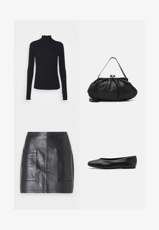Crni dugi rukav turtleneck majica izrađena od glatkog materijala, s volanima oko vrata i uskim siluetom s jednostavnim rubovima.; Crna kožna mini suknja s dva bočna džepa, glatke teksture, uskog dizajna i čisti linija bez dodatnih ukrasa.; Paul Smith TOPANGA - Balerinke - black; Crna kožna torba s zaobljenim, naboranim dizajnom. Ima metalnu kopču s dva ukrasna gumba i tanki, odvojivi remen.