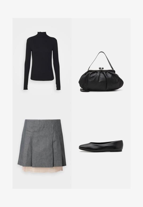 Schwarz, langärmliges Turtleneck-Oberteil aus glattem Material, mit einem gerafften Kragen und einer enganliegenden Silhouette mit einfachen Kanten.; Grauer, plissierter Rock mit strukturierter Oberfläche, versehen mit einer halbtransparenten, hellrosa plissierten Unterlage und einem seitlichen Reißverschluss.; Paul Smith TOPANGA - Klassischer Ballerina - black; Schwarze Lederhandtasche mit einer runden, gefalteten Form. Verfügt über einen metallischen Verschluss mit zwei dekorativen Kugeln und einem schmalen, abnehmbaren Tragegurt.