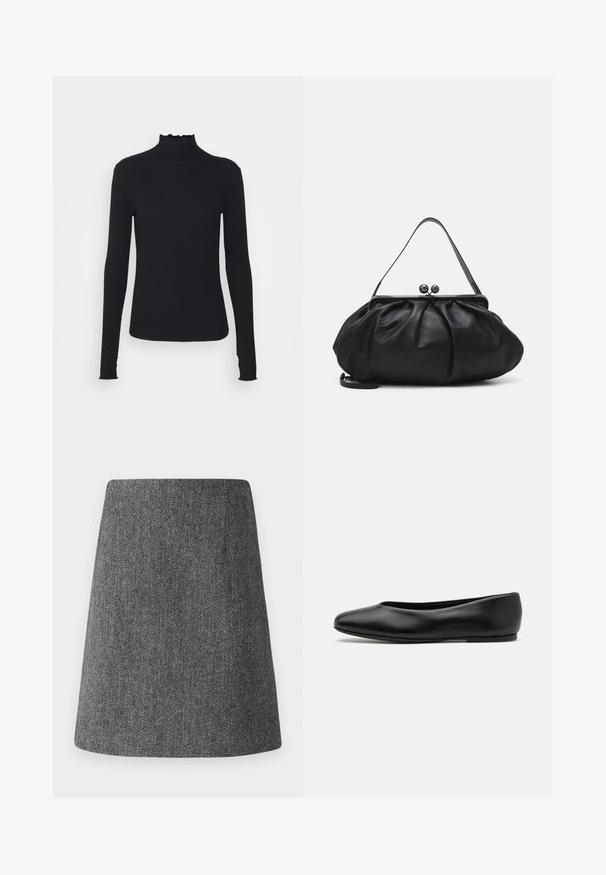 Top negro de manga larga con cuello alto, hecho de tejido suave, que presenta un cuello con volantes y una silueta ajustada con bordes simples.; Falda de espiga gris con forma de A acampanada, confeccionada en tejido texturizado. Presenta una cinturilla limpia y sin herrajes o acentos visibles.; Paul Smith TOPANGA - Bailarinas - black; Bolso de mano de cuero negro con un diseño redondeado y plisado. Cuenta con un cierre metálico con dos bolas decorativas y una correa delgada y desmontable.