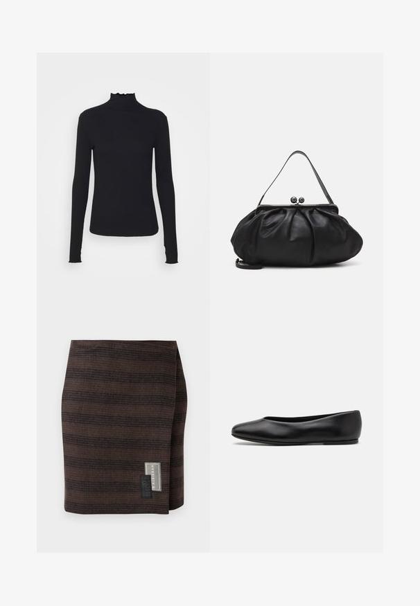 Črn dolg rokav turtleneck zgornji del iz gladkega materiala, ki se ponaša z nabranim ovratnikom in prilegajočim silhueto s preprostimi robovi.; Rjava krila iz teksturiranega materiala, ki ima vodoravne črte v različnih odtenkih. Etiketa na strani prikazuje ime blagovne znamke in navodila za nego.; Paul Smith TOPANGA - Balerinke - black; Črna usnjena torbica za roke z zaobljeno, naborkano zasnovo. Opremljena je z metalnim zapiralom z dvema dekorativnima kroglicama in tankim, odstranljivim trakom.