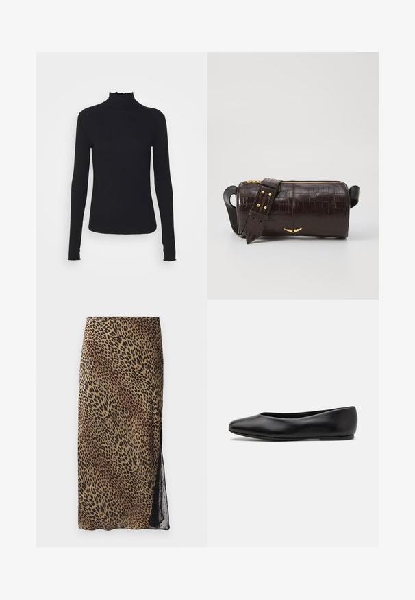 Sort langærmet turtleneck top lavet af glat stof, med en rynket krave og tætsiddende silhuet med enkle kanter.; Leopardprint midi nederdel med en tætsiddende silhuet, gennemsigtig blonde sideløsning og glat stoftekstur i jordfarver.; Paul Smith TOPANGA - Ballerinasko - black; Brun krokodilleder taske med cylindrisk form, hardware i guld-tone, og en aftagelig rem med nitter.