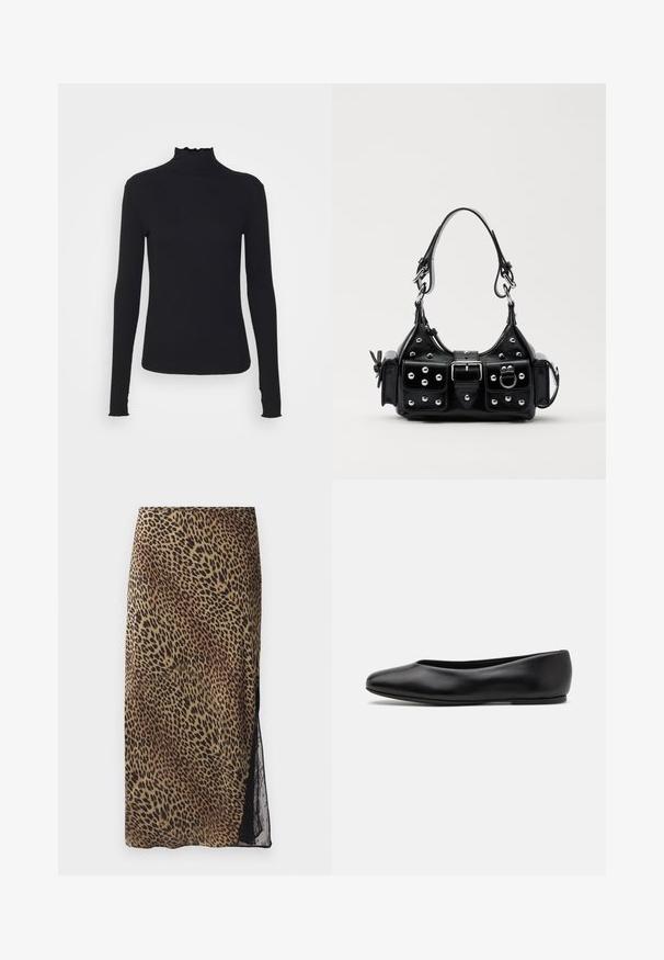 Zwarte langärmelige turtleneck top van soepel stof, met een gerimpelde hals en een aansluitende silhouet met eenvoudige randen.; Leopardprint midi-rok met een aansluitende silhouette, transparante kant-zijpanelen en een gladde stoffen textuur in aardetinten.; Paul Smith TOPANGA - Ballerina's - black; Zwarte lederen handtas met een gebogen ontwerp, voorzien van zilveren studs, een gesp en twee zijvakken. Verstelbare schouderband voor verschillende draagmogelijkheden.