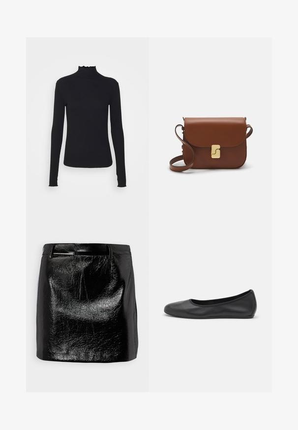 Top negru cu mânecă lungă și guler înalt, realizat dintr-un material neted, având un guler cu volane și o siluetă ajustată cu margini simple.; Fustă mini din piele neagră cu un finisaj lucios, având o textură netedă, un croi drept și detalii subtile de cusătură la talie.; Balerini din piele neagră, cu vârf rotund, textură netedă, detalii de cusătură minimale și un design al tălpii flexibil.; Geantă de piele maro cu închidere tip capac, accesorii de culoare aurie, curea de umăr și o textură netedă. Formă compactă și rectangulară.