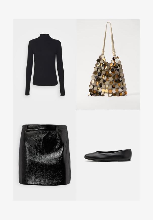 Zwarte langärmelige turtleneck top van soepel stof, met een gerimpelde hals en een aansluitende silhouet met eenvoudige randen.; Zwarte leren mini rok met een glanzende afwerking, met een gladde textuur, een rechte snit en subtiele stikdetails bij de taille.; Paul Smith TOPANGA - Ballerina's - black; Rabanne Handtas - guepard/silver