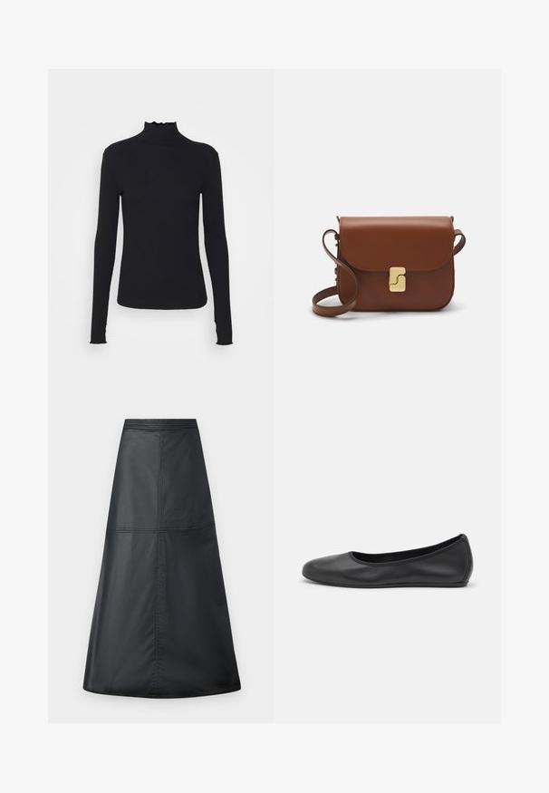 Μαύρο τοπ με μακριά μανίκια και λαιμόκοψη τύπου τσουνάμι, κατασκευασμένο από λείο ύφασμα, με λαιμό από βολάν και εφαρμοστή σιλουέτα με απλές ακμές.; Μαύρη φούστα A-line από μαλακό, ελαφρύ ύφασμα. Διαθέτει επίπεδη ζώνη μέσης και ραμμένο σχέδιο πάνελ. Φτάνει μέχρι το πάτωμα.; Μαύρο δερμάτινο μπαλαρίνι με στρογγυλή μύτη, λεία υφή, ελάχιστες λεπτομέρειες ραφής και σχεδίαση ευέλικτης σόλας.; Καφέ δερμάτινη τσάντα χειρός με κλείσιμο καπάκι, χρυσές λεπτομέρειες, ιμάντα ώμου και λεία υφή. Συμπαγές ορθογώνιο σχήμα.