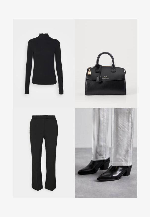 Must kannus varrukatega turtleneck, mis on valmistatud siledast kangast, koos rippuvate kraede ja liibuva siluetiga, millel on lihtsad servad.; Mustad mustad püksid sirge säärega, millel on vööloop ja küljetaskud. Valmistatud siledast kangast, millel on puhas viimistlus.; Must musta ankle boots, mille musta ja terava nina ning plokkjala, kombineeritud läikivate hõbedaste pükstega, esitades sujuvaid tekstuure ja kontrastseid värve.; Must mustkott musta nahast, millel on struktureeritud kuju, kullatoonilised detailsed metallosad ja lukudetail. Omab kaht ülemist täispikka käepidet ning esiküljel on ettetõstetud brändingu logo.