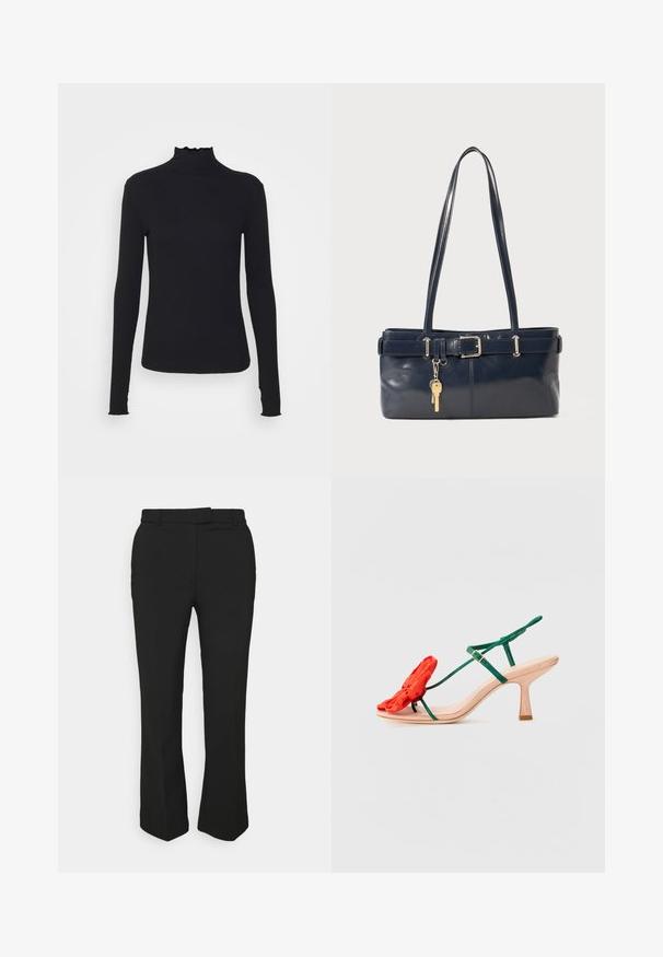 Black long-sleeve turtleneck top made of smooth fabric, featuring a ruffled neck and fitted silhouette with simple edges.; Black tailored pants with a straight-leg design, featuring belt loops and side pockets. Made from smooth fabric with a clean finish.; Loeffler Randall FRANK - Ankle cuff sandals - nude/green/red; Navy leather handbag with two long handles, a buckle detail, and a keychain attached. Features a smooth texture and a rectangular shape.