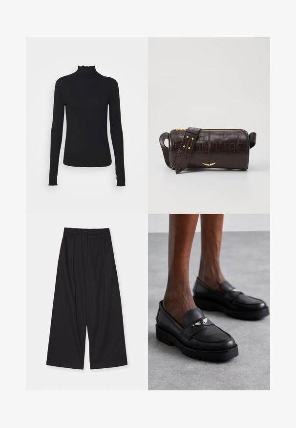 Maglione nero a maniche lunghe con colletto a dolcevita realizzato in tessuto morbido, caratterizzato da un collo arricciato e una silhouette aderente con bordi semplici.; Pantaloni neri a gamba larga realizzati in un tessuto liscio, con vita alta, pieghe frontali, chiusura con bottone e silhouette dritta.; Mocassini neri in pelle con punta arrotondata, caratterizzati da un'accento argentato sulla fascia e una suola spessa e strutturata per una maggiore aderenza.; Borsa in pelle stampata a coccodrillo marrone con forma cilindrica, accessori in tonalità oro e una tracolla staccabile con borchie.