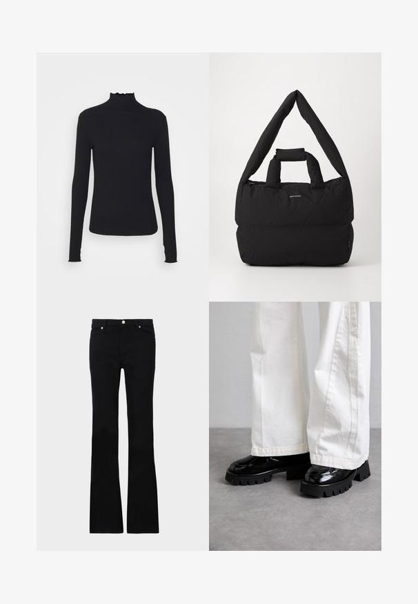 Schwarz, langärmliges Turtleneck-Oberteil aus glattem Material, mit einem gerafften Kragen und einer enganliegenden Silhouette mit einfachen Kanten.; Schwarze, ausgestellte Jeans aus Denim, ausgestattet mit zwei Fronttaschen, einem Knopfverschluss und einer glatten Oberfläche. Signatur-Nähte an den Nähten sichtbar.; Schwarze Schuhe mit dicker Sohle und glänzender Oberfläche, kombiniert mit weißen weiten Hosen. Bemerkenswerter dicker Profil und glatte Textur der Schuhe.; Schwarze gepolsterte Tasche mit einem breiten, weichen Schultergurt und einem oberen Griff. Sie verfügt über einen Reißverschluss und ein dezentes Logo auf der Vorderseite.