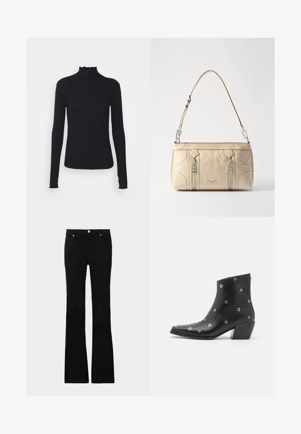 Black long-sleeve turtleneck top made of smooth fabric, featuring a ruffled neck and fitted silhouette with simple edges.; Black flared jeans made of denim, featuring two front pockets, a button closure, and a smooth texture. Signature stitching visible at seams.; Black leather ankle boot with silver eyelet detailing, pointed toe, and a block heel. Sleek design with a smooth texture.; Beige leather handbag with silver hardware, two side zippers, structured design, and a removable strap for versatility.
