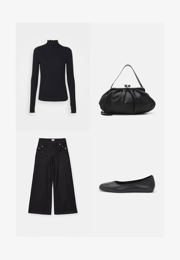 Sort langærmet turtleneck top lavet af glat stof, med en rynket krave og tætsiddende silhuet med enkle kanter.; Filippa K LOOSE BUTTONED - Wide leg - washed black; Sort læderballetsko med rund tå, glat tekstur, minimal syning og et fleksibelt såldesign.; Sort læderpung med et rundt, plisseret design. Har en metalspænde med to dekorative kugler og et slankt, aftageligt rem.