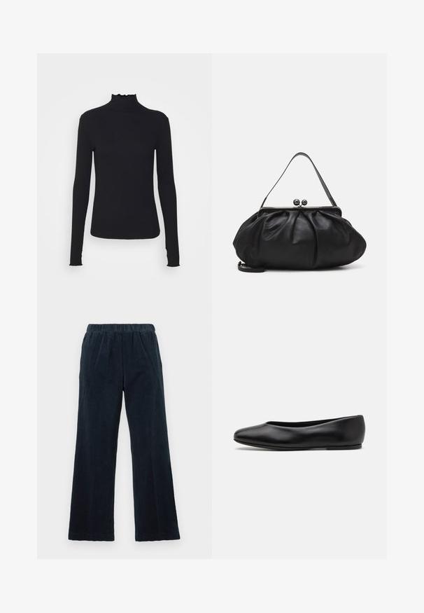 Crni dugi rukav turtleneck majica izrađena od glatkog materijala, s volanima oko vrata i uskim siluetom s jednostavnim rubovima.; Mornarsko plave korduroj hlače sa širokim nogavicama, elastičnim pojasom i vertikalnom rebrastom teksturom. Imaju bočne džepove i ravni rub.; Paul Smith TOPANGA - Balerinke - black; Crna kožna torba s zaobljenim, naboranim dizajnom. Ima metalnu kopču s dva ukrasna gumba i tanki, odvojivi remen.