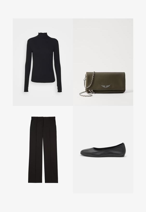 Czarny, długi rękaw, golf z gładkiego materiału, z falbaniastym kołnierzem i dopasowanym krojem z prostymi brzegami.; Czarne dopasowane spodnie wykonane z gładkiej tkaniny, charakteryzujące się prostymi nogawkami i dwoma bocznymi kieszeniami. Elegancka i minimalistyczna konstrukcja.; Czarne skórzane baletki z zaokrąglonym noskiem, gładką fakturą, minimalnymi przeszyciami i elastycznym designem podeszwy.; Oliwkowa skórzana kopertówka z metalowym akcentem w kształcie skrzydła, z łańcuszkiem na ramię i zamknięciem na zamek, gładka tekstura i prostokątny kształt.