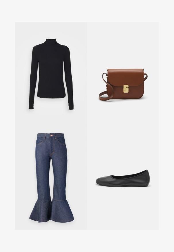 Crni dugi rukav turtleneck majica izrađena od glatkog materijala, s volanima oko vrata i uskim siluetom s jednostavnim rubovima.; Tamno plave traperice s volanima, pet džepova i kontrastnim narančastim šavovima. Srednji pojas s prednjim kopčanjem na dugme.; Crne kožne baletanke s zaobljenim vrhom, glatke teksture, minimalnim detaljima šavova i fleksibilnim dizajnom potplata.; Smeđa kožna torba s preklopom, zlatnim detaljima, remenom za nošenje preko ramena i glatkom teksturom. Kompaktni pravokutni oblik.