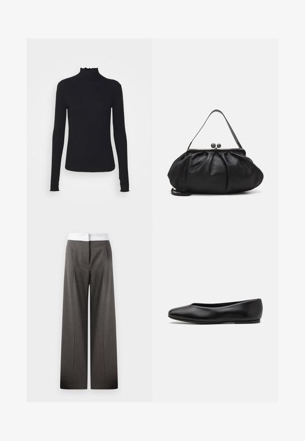 Črn dolg rokav turtleneck zgornji del iz gladkega materiala, ki se ponaša z nabranim ovratnikom in prilegajočim silhueto s preprostimi robovi.; Široke hlače v temno sivi barvi z navpičnimi črtami. Pas je bel in elastičen, kar ustvarja kontrastni detajl.; Paul Smith TOPANGA - Balerinke - black; Črna usnjena torbica za roke z zaobljeno, naborkano zasnovo. Opremljena je z metalnim zapiralom z dvema dekorativnima kroglicama in tankim, odstranljivim trakom.