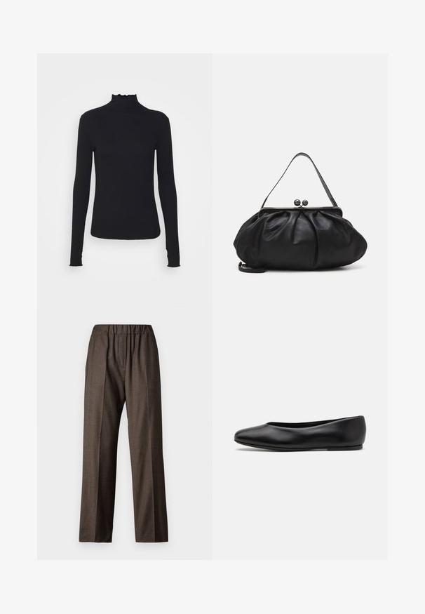 Black long-sleeve turtleneck top made of smooth fabric, featuring a ruffled neck and fitted silhouette with simple edges.; Brown, checkered fabric trousers with an elastic waistband, straight-leg design, and side pockets. Textured surface with a subtle pattern.; Paul Smith TOPANGA - Ballet pumps - black; Black leather handbag with a rounded, pleated design. Features a metallic clasp with two decorative balls and a slim, detachable strap.
