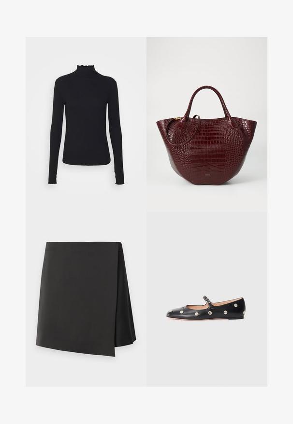 Must kannus varrukatega turtleneck, mis on valmistatud siledast kangast, koos rippuvate kraede ja liibuva siluetiga, millel on lihtsad servad.; Must-haves must be black kõrge vöökoht mini seelik asümmeetrilise lõikega, mis on valmistatud siledast kangast, ja millel on minimalistlik disain ilma kaunistusteta.; Must naar mustast valmistatud Mary Jane lamedad jalanõud, ümarate varvastega, hõbedaste ümmarguste nupukestega ja reguleeritava rihmaga, millel on klamber.; Maroon krokodillinahaga nahkane kott kahe käepidemega, ümar kuju ja peene kuldse metalldetailiga.