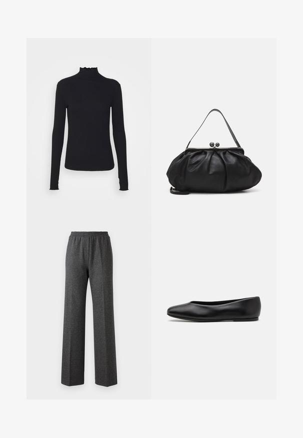 Schwarz, langärmliges Turtleneck-Oberteil aus glattem Material, mit einem gerafften Kragen und einer enganliegenden Silhouette mit einfachen Kanten.; Graue, strukturierte weite Hosen mit einem elastischen Bund, die ein dezentes Fischgrätenmuster zeigen. Aus weichem Stoff mit einem lockeren Schnitt.; Paul Smith TOPANGA - Klassischer Ballerina - black; Schwarze Lederhandtasche mit einer runden, gefalteten Form. Verfügt über einen metallischen Verschluss mit zwei dekorativen Kugeln und einem schmalen, abnehmbaren Tragegurt.