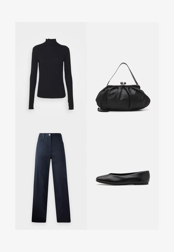 Haut à manches longues noir en col roulé, fabriqué en tissu lisse, présentant un col volanté et une silhouette ajustée avec des bords simples.; Pantalon bleu marine foncé avec une coupe droite, fabriqué en tissu lisse. Comprend des poches avant, une fermeture à bouton et des détails de couture subtils.; Paul Smith TOPANGA - Ballerines - black; Sac à main en cuir noir avec un design arrondi et plissé. Il possède un fermoir métallique avec deux boules décoratives et une bandoulière fine et amovible.
