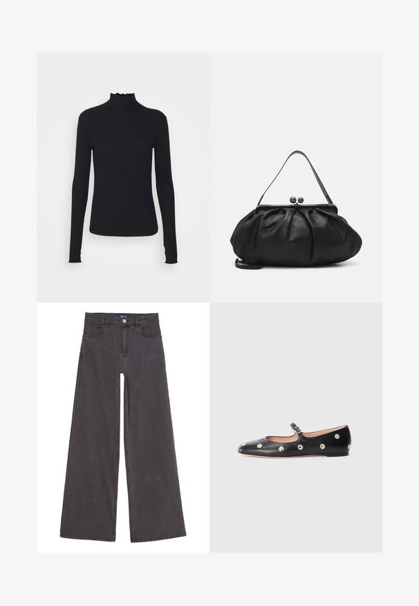 Sort langærmet turtleneck top lavet af glat stof, med en rynket krave og tætsiddende silhuet med enkle kanter.; Bredde ben sorte denim jeans lavet af bomuldsstof. Har fem lommer, en knaplukning foran og lige søm. Glat tekstur.; Sorte læder Mary Jane flad sko med en rund tå, udstyret med sølvfarvede runde nitter og en justerbar rem med spænde.; Sort læderpung med et rundt, plisseret design. Har en metalspænde med to dekorative kugler og et slankt, aftageligt rem.