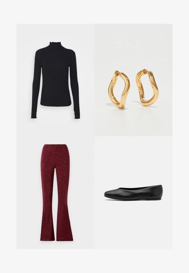 Black long-sleeve turtleneck top made of smooth fabric, featuring a ruffled neck and fitted silhouette with simple edges.; Red flared pants featuring a velvety leopard print pattern, smooth texture, and an elastic waistband for comfort.; Paul Smith TOPANGA - Ballet pumps - black; Gold-colored hoop earrings with a curved, irregular shape and a smooth, polished texture. No visible hardware or accents.