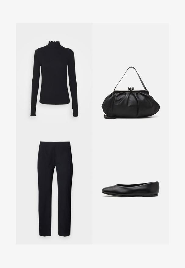 Black long-sleeve turtleneck top made of smooth fabric, featuring a ruffled neck and fitted silhouette with simple edges.; Black tailored pants with a slim fit, featuring a smooth texture and a flat front design. No visible pockets or hardware details.; Paul Smith TOPANGA - Ballet pumps - black; Black leather handbag with a rounded, pleated design. Features a metallic clasp with two decorative balls and a slim, detachable strap.