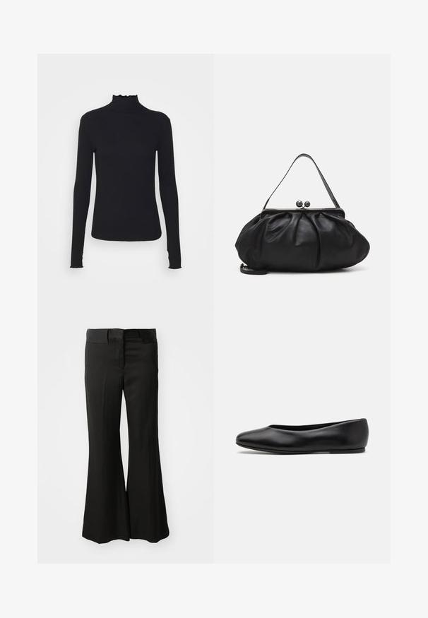 Zwarte langärmelige turtleneck top van soepel stof, met een gerimpelde hals en een aansluitende silhouet met eenvoudige randen.; Zwarte flared broeken van een gladde stof, met een middelhoge tailleband en een strakke, op maat gemaakte uitstraling zonder zichtbare versieringen.; Paul Smith TOPANGA - Ballerina's - black; Zwarte leren handtas met een afgerond, geplooid ontwerp. Voorzien van een metalen sluiting met twee decoratieve bollen en een smalle, afneembare schouderband.