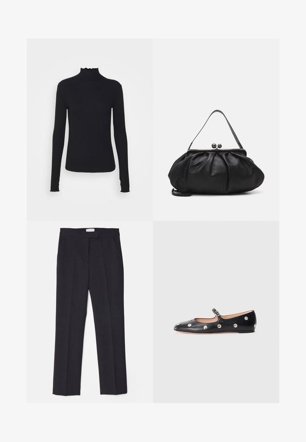 Haut à manches longues noir en col roulé, fabriqué en tissu lisse, présentant un col volanté et une silhouette ajustée avec des bords simples.; Tiger of Sweden Chino - charcoal; Chaussure plate en cuir noir type Mary Jane avec un bout arrondi, ornée de clous ronds en argent et dotée d'une sangle réglable avec une boucle.; Sac à main en cuir noir avec un design arrondi et plissé. Il possède un fermoir métallique avec deux boules décoratives et une bandoulière fine et amovible.
