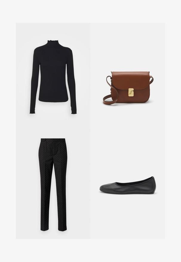 Čierny dlhý rukáv turtleneck top vyrobený z hladkej látky, s volánovým golierom a priliehavou siluetou s jednoduchými okrajmi.; Čierne nohavice s bielymi bodkami, strihované, s dvoma prednými vreckami, s hladkým predným dielom a rovnými nohavicami. Tkanina vyzerá hladko a štruktúrovane.; Čierne kožené baleríny s okrúhlou špičkou, hladkým povrchom, minimálnym prešívaním a flexibilným dizajnom podrážky.; Hnedá kožená kabelka s klopou, zlatými kovovými prvkami, ramenným popruhom a hladkým povrchom. Kompaktný obdĺžnikový tvar.