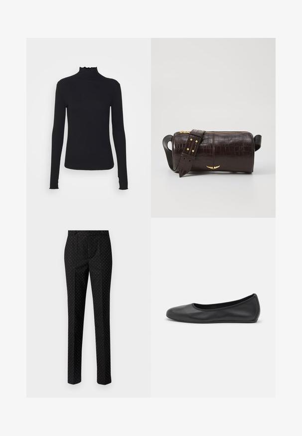 Top negro de manga larga con cuello alto, hecho de tejido suave, que presenta un cuello con volantes y una silueta ajustada con bordes simples.; Pantalones negros con lunares blancos, corte entallado, dos bolsillos delanteros, frente plano y piernas rectas. La tela parece suave y estructurada.; Bailarina de piel negra con punta redondeada, textura suave, detalle de costura minimalista y diseño de suela flexible.; Bolso de cuero marrón con estampado de cocodrilo, de forma cilíndrica, con herrajes en tono dorado y una correa desmontable con tachuelas.